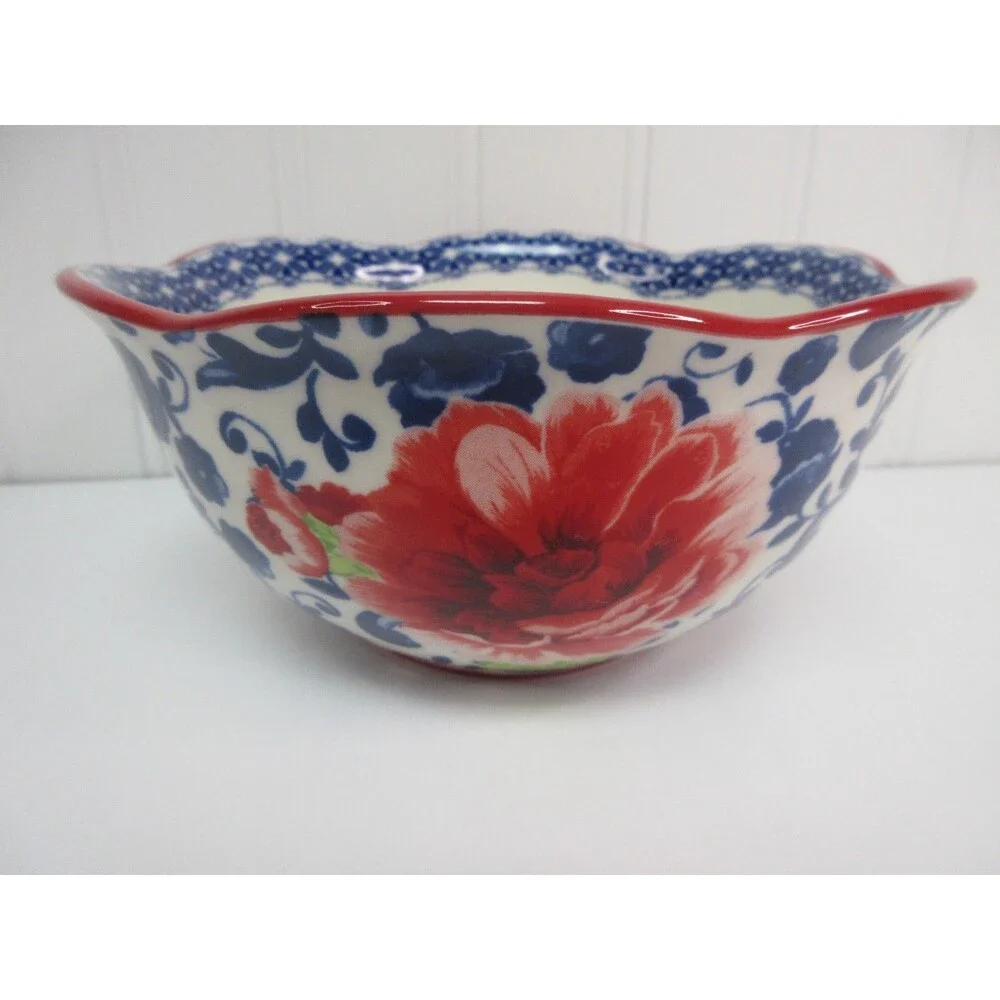 Set of 4 Pioneer Woman Heritage Floral Cereal Bowl Ceramic Red & Blue 6
